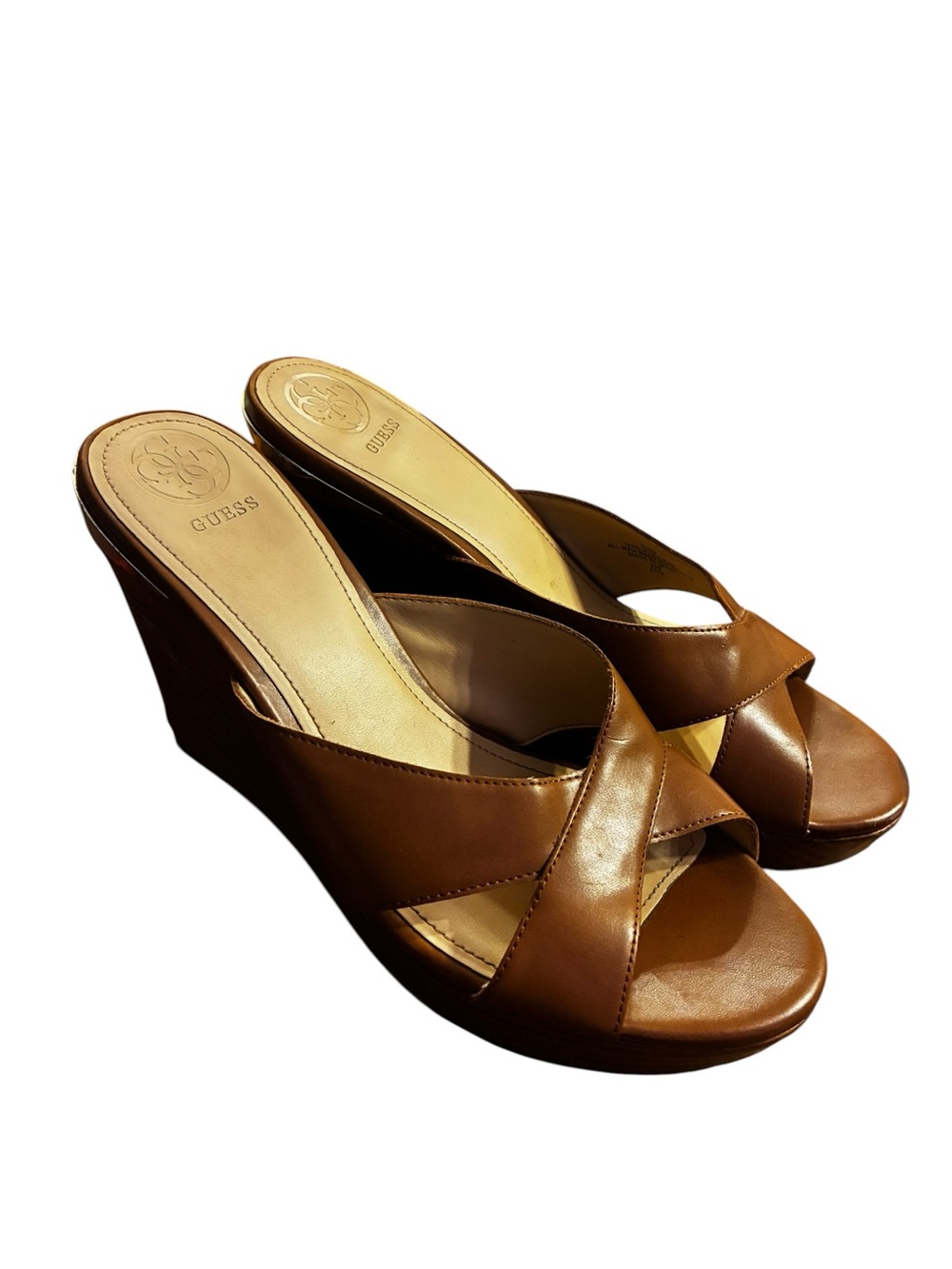 GUESS Brown Leather Crisscross Wedge Sandals